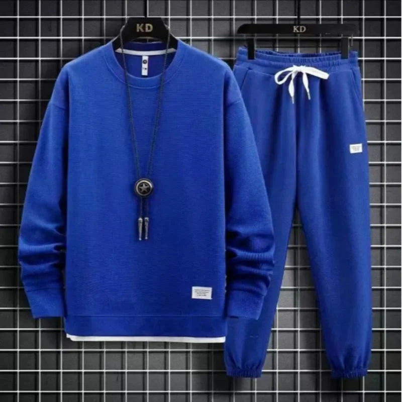 Round Neck Hoodie Set – Solid Color Loose Fit Men’s Outfit Autumn/Winter