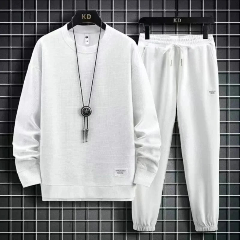 Round Neck Hoodie Set – Solid Color Loose Fit Men’s Outfit Autumn/Winter