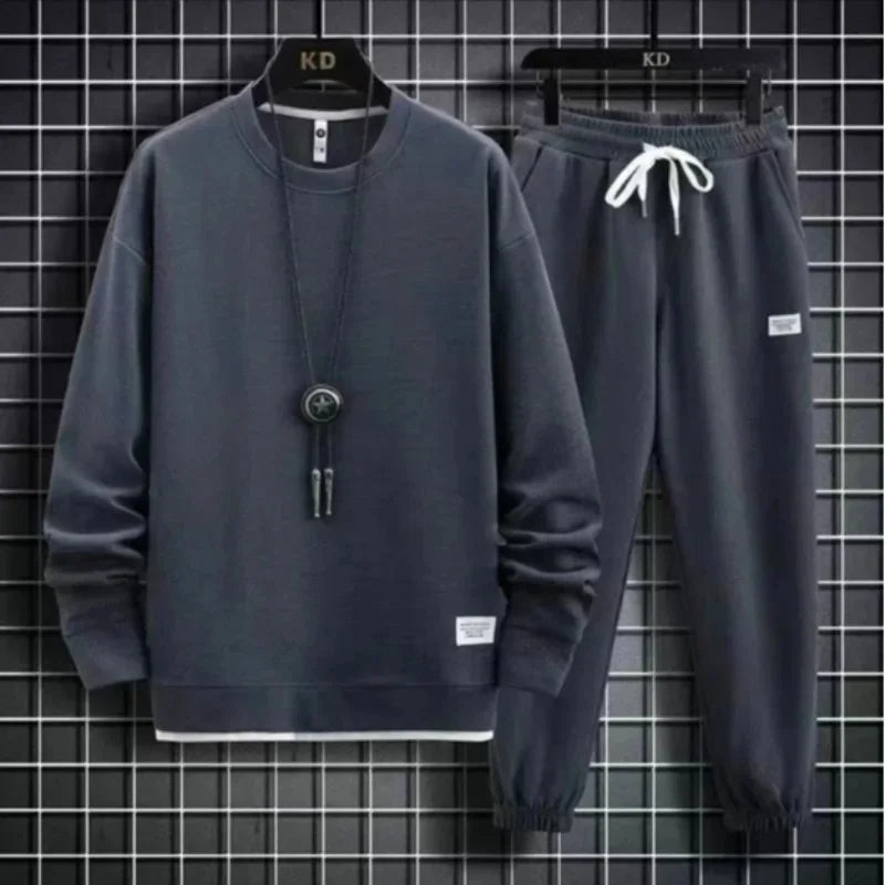 Round Neck Hoodie Set – Solid Color Loose Fit Men’s Outfit Autumn/Winter
