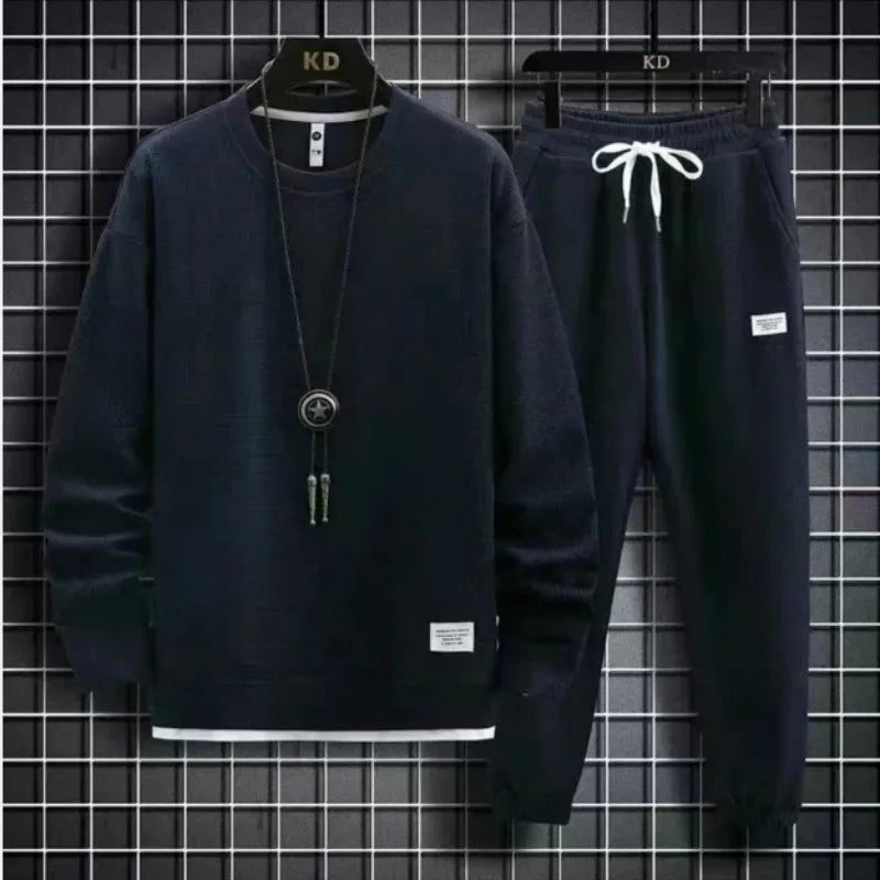 Round Neck Hoodie Set – Solid Color Loose Fit Men’s Outfit Autumn/Winter