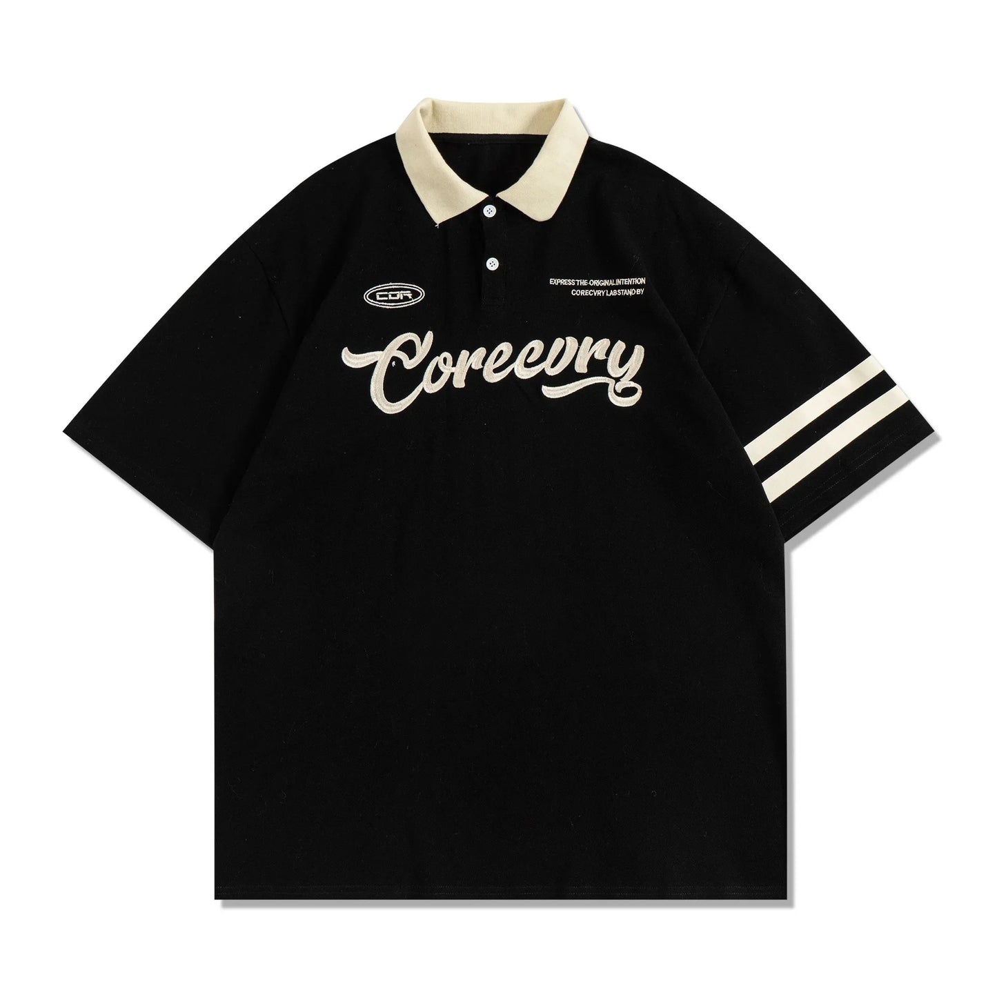 Retro American Color Block Polo – Loose Fit Couple’s Short Sleeve Shirt