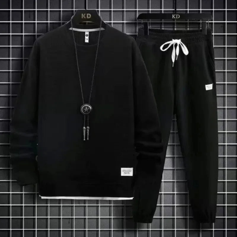 Round Neck Hoodie Set – Solid Color Loose Fit Men’s Outfit Autumn/Winter