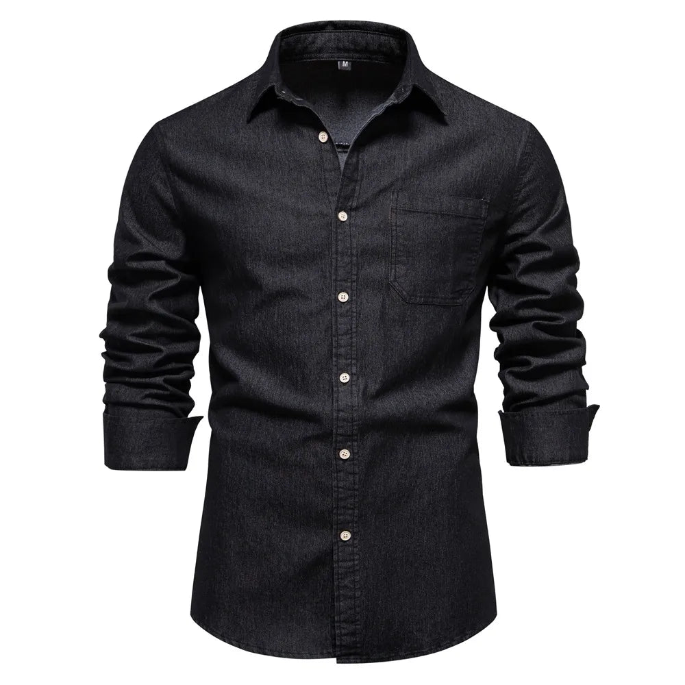 Denim Shirt – Solid Color Cotton Long Sleeve with Pocket