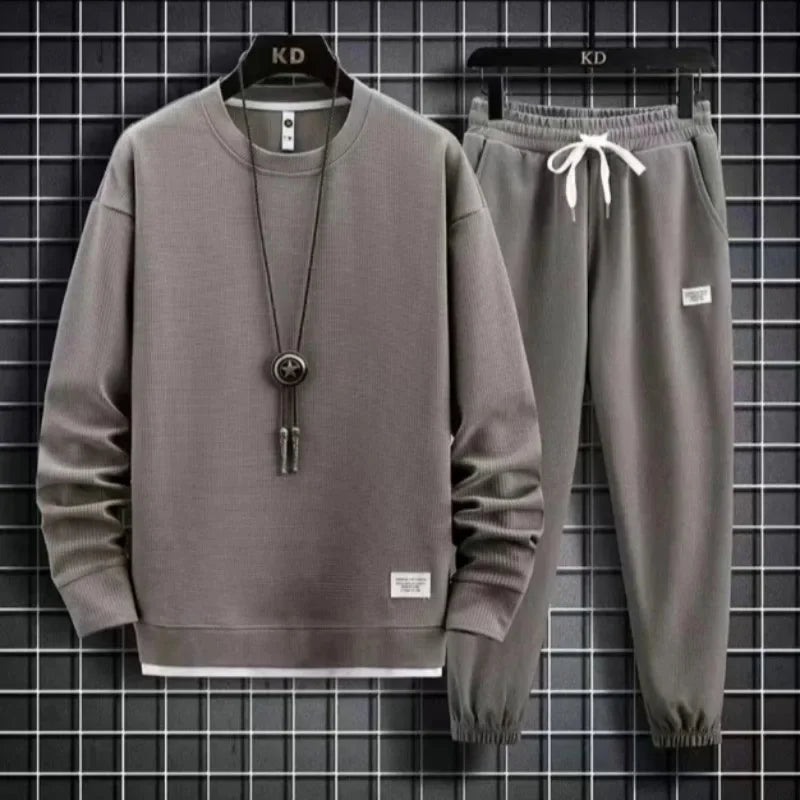 Round Neck Hoodie Set – Solid Color Loose Fit Men’s Outfit Autumn/Winter