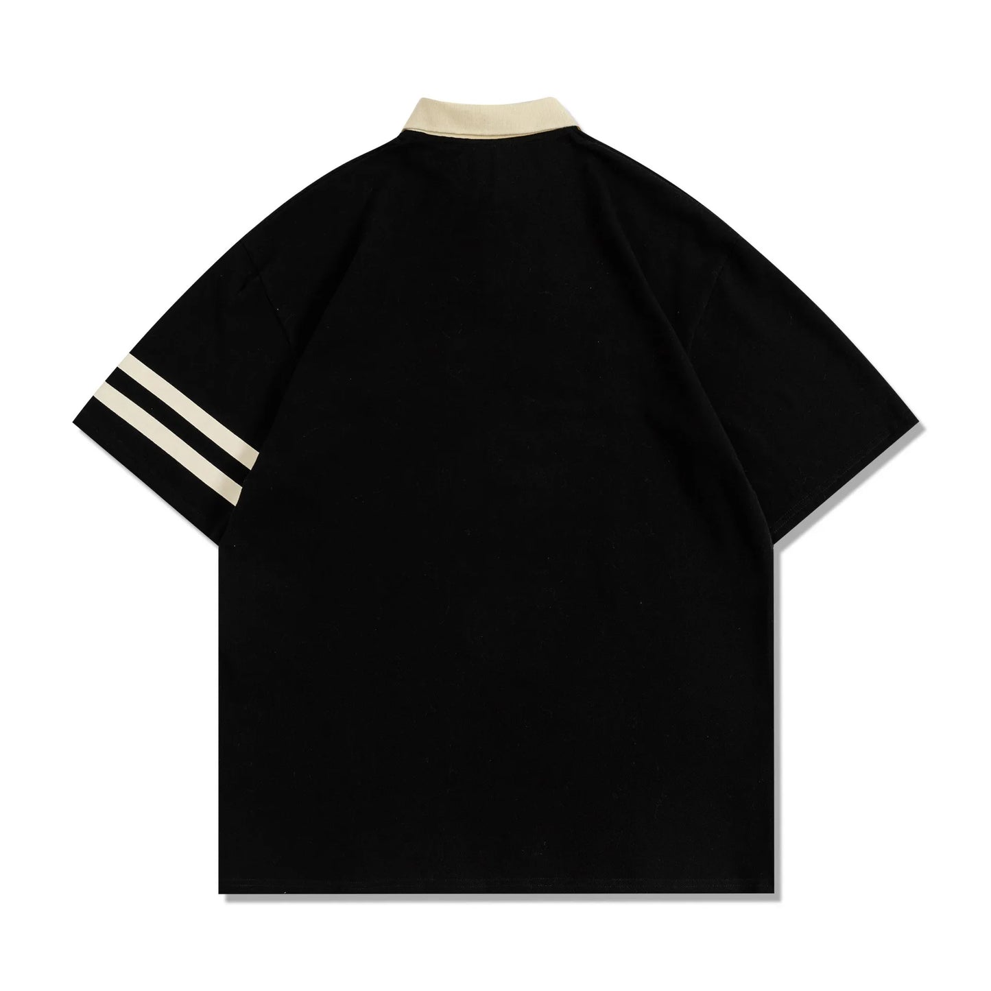 Retro American Color Block Polo – Loose Fit Couple’s Short Sleeve Shirt