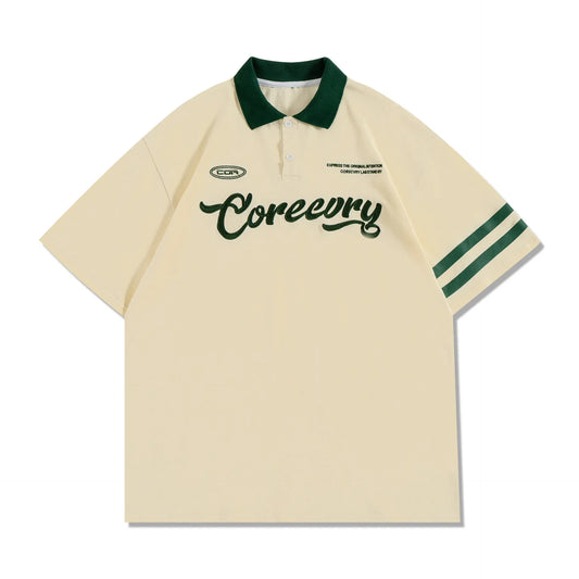 Retro American Color Block Polo – Loose Fit Couple’s Short Sleeve Shirt