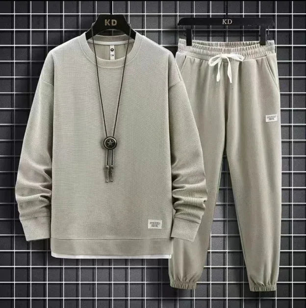 Round Neck Hoodie Set – Solid Color Loose Fit Men’s Outfit Autumn/Winter