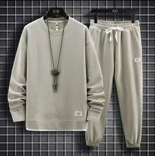 Round Neck Hoodie Set – Solid Color Loose Fit Men’s Outfit Autumn/Winter