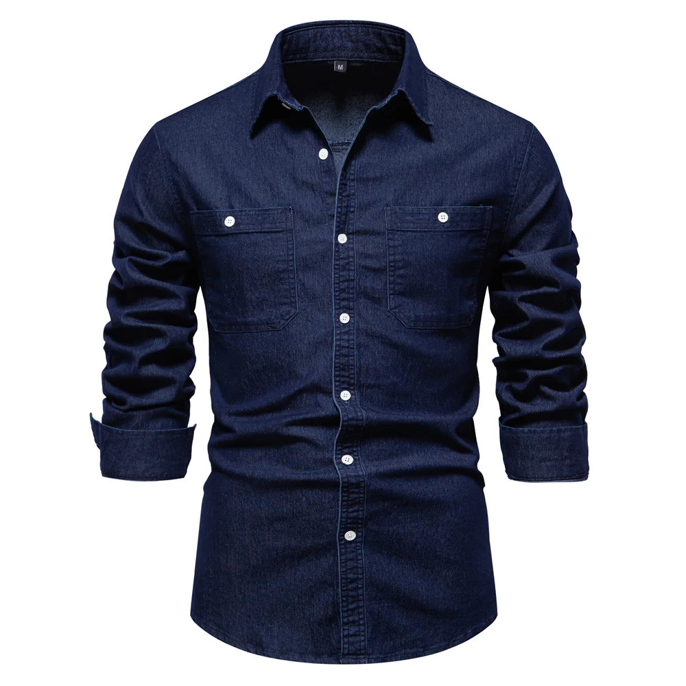 Denim Shirt – Solid Color Cotton Long Sleeve with Pocket