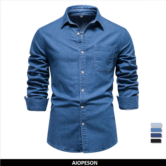 Denim Shirt – Solid Color Cotton Long Sleeve with Pocket