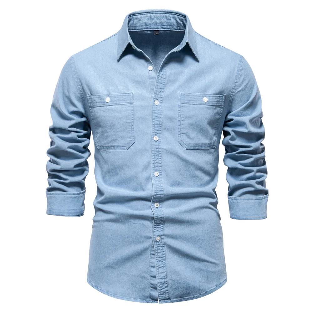 Denim Shirt – Solid Color Cotton Long Sleeve with Pocket