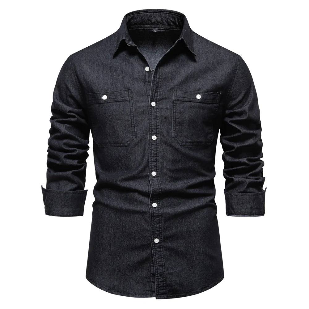 Denim Shirt – Solid Color Cotton Long Sleeve with Pocket