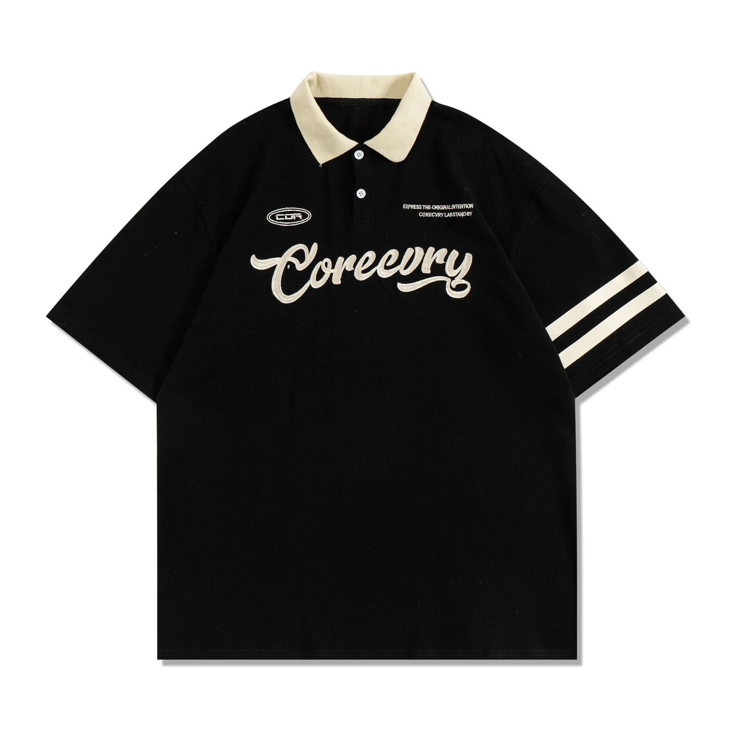 Retro American Color Block Polo – Loose Fit Couple’s Short Sleeve Shirt
