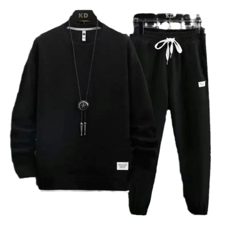 Round Neck Hoodie Set – Solid Color Loose Fit Men’s Outfit Autumn/Winter