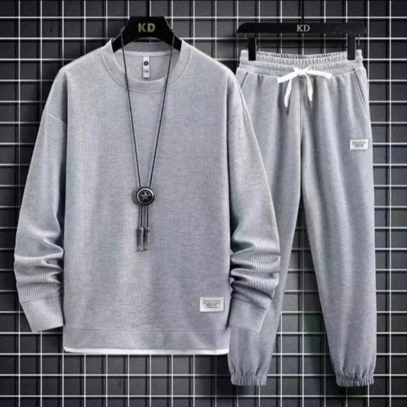 Round Neck Hoodie Set – Solid Color Loose Fit Men’s Outfit Autumn/Winter