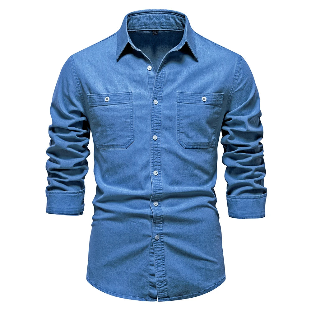 Denim Shirt – Solid Color Cotton Long Sleeve with Pocket