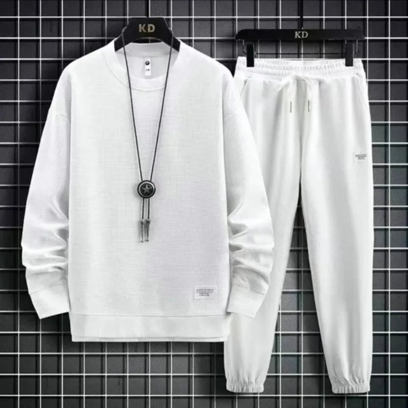 Round Neck Hoodie Set – Solid Color Loose Fit Men’s Outfit Autumn/Winter