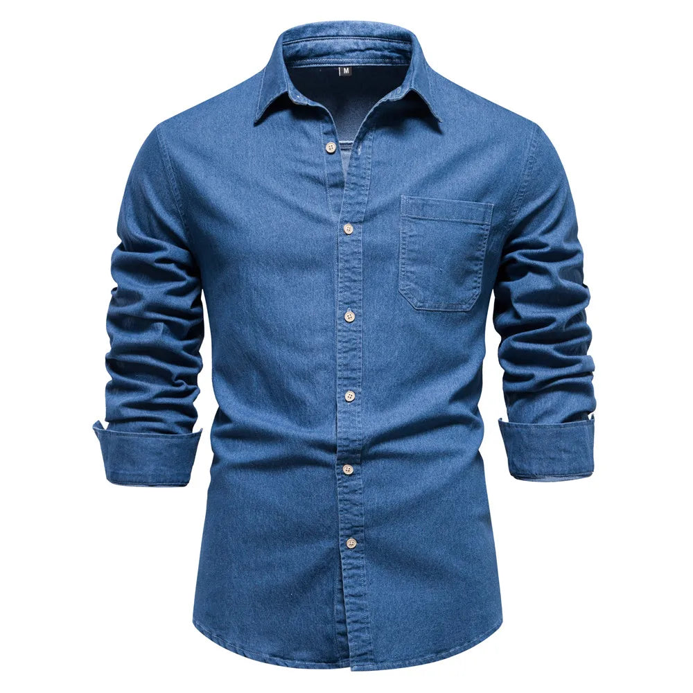 Denim Shirt – Solid Color Cotton Long Sleeve with Pocket