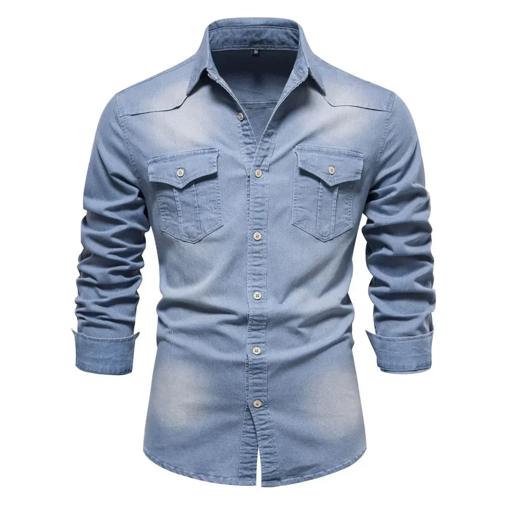 Denim Shirt – Solid Color Cotton Long Sleeve with Pocket