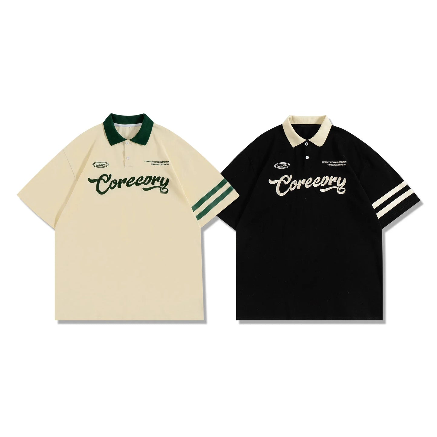 Retro American Color Block Polo – Loose Fit Couple’s Short Sleeve Shirt