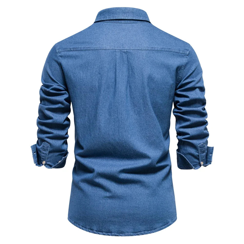 Denim Shirt – Solid Color Cotton Long Sleeve with Pocket