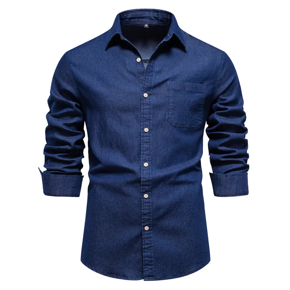 Denim Shirt – Solid Color Cotton Long Sleeve with Pocket